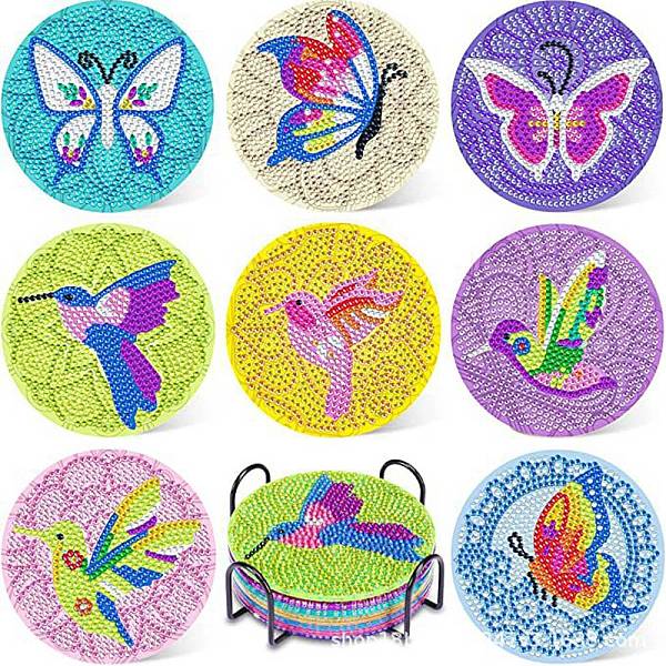 

PandaHall DIY Butterfly & Bird Theme Diamond Painting Wood Cup Mat Kits, Including Coster Holder, Resin Rhinestones, Diamond Sticky Pen..., Multicolor