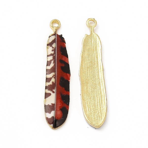 

PandaHall Rack Plating Alloy Pendants, Printed, Lead Free & Cadmium Free & Nickel Free, Feather Charm, Light Gold, Brown, 36.5x8x1.5mm, Hole...