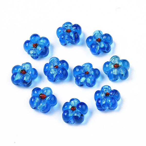

PandaHall Handmade Silver Foil Glass Lampwork Beads, Flower, Deep Sky Blue, 14~14.5x14.5~15x8~9mm, Hole: 1.4~1.6mm Foil Glass Flower