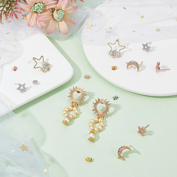 

PandaHall 14Pcs 6 Style Brass Micro Pave Clear Cubic Zirconia Stud Earring Findings, with Loop, with 60Pcs Iron & Brass & 304 Stainless...