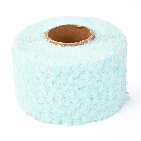 

PandaHall Polyester Elastic Sequin Ribbons, with Bling Paillette, Light Blue, 2-3/8 inch(60mm), 10 yards(9.14m)/roll Polyester