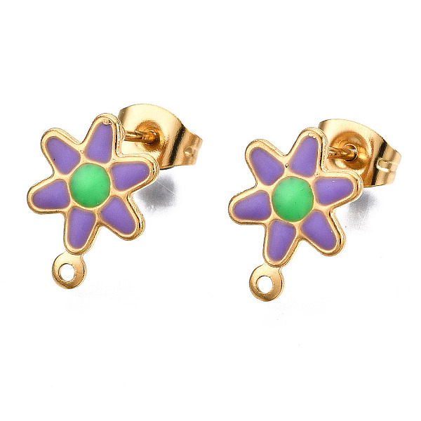 

PandaHall 304 Stainless Steel Enamel Stud Earring Findings, with Loop and Ear Nuts/Earring Backs, Flower, Medium Orchid, 12.5x9mm, Hole: 1mm...