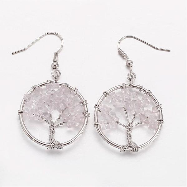 

PandaHall Dangle Earrings, with Natural Quartz Crystal Beads and Brass Hooks, Ring with Tree of Life, 50mm, Pin: 0.6mm Quartz Crystal