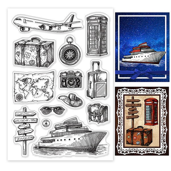 

PandaHall GLOBLELAND World Travel Trip Clear Stamps Transportation Suitcase Ship Map Silicone Clear Stamp Seals for Cards Making DIY...