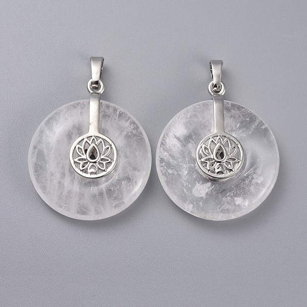 

PandaHall Natural Quartz Crystal Pendants, Rock Crystal Pendants, with Platinum Tone Brass Findings, Donut/Pi Disc with Lotus..., White