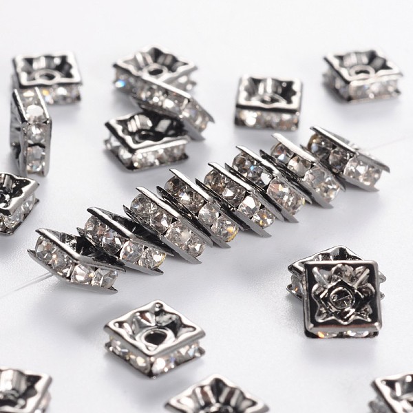 

PandaHall Brass Rhinestone Spacer Beads, Grade A, Nickel Free, Gunmetal, Square, Crystal, 6x6x3mm, Hole: 1mm Brass+Rhinestone Square Clear