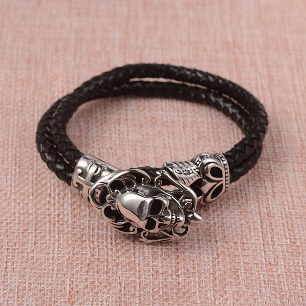 

PandaHall Braided Leather Cord Bracelets, Multi-strand Bracelets, with 316 Stainless Steel Skull Clasps, Antique Silver, Black, 9-1/8 inch...