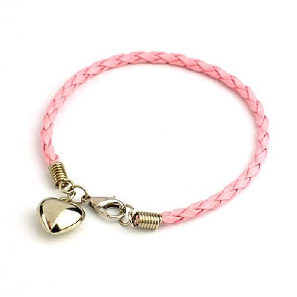 

PandaHall PU Leather Braided Charm Bracelets, with CCB Plastic Pendants and Alloy Lobster Claw Clasps, Pink, 180mm Plastic Pink