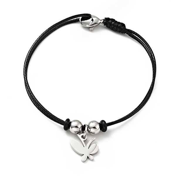 

PandaHall 304 Stainless Steel Butterfly Charm Bracelet with Waxed Cord for Women, Stainless Steel Color, 7 inch(17.8cm) Waxed Cord Black