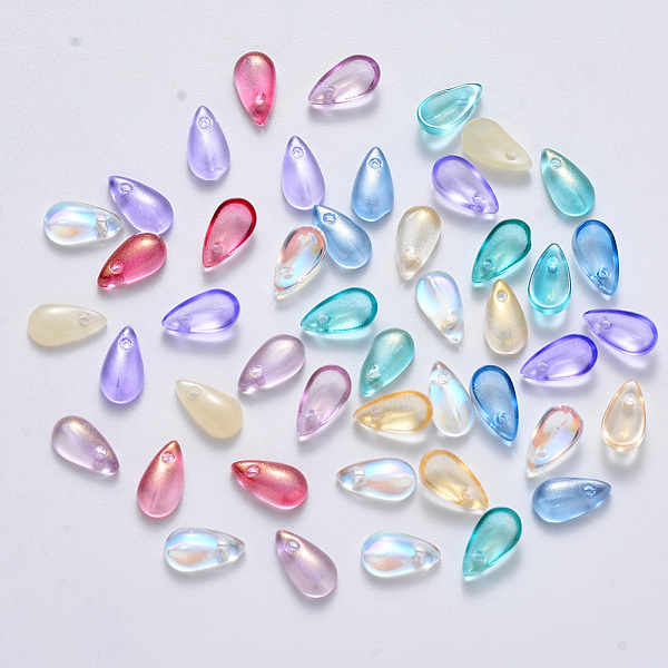

PandaHall Transparent Spray Painted Glass Charms, Teardrop, Mixed Style, Mixed Color, 9.5x5x3mm, Hole: 1.2mm Glass Teardrop Multicolor