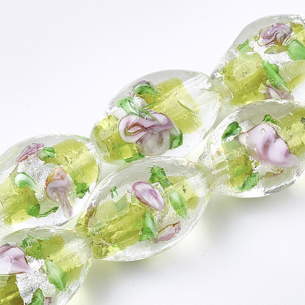 

PandaHall Handmade Silver Foil Glass Lampwork Beads, Oval with Flower, Green Yellow, 16~17x9~11mm, Hole: 1.5~2mm Silver Foil Oval
