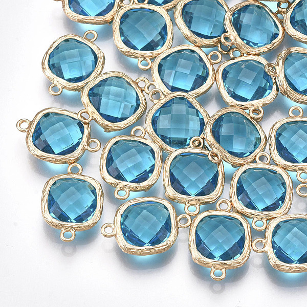 

PandaHall Transparent Glass Links connectors, with Brass Findings, Real 18K Gold Plated, Faceted Square, Blue, 18x13x6mm, Hole: 1mm Glass...