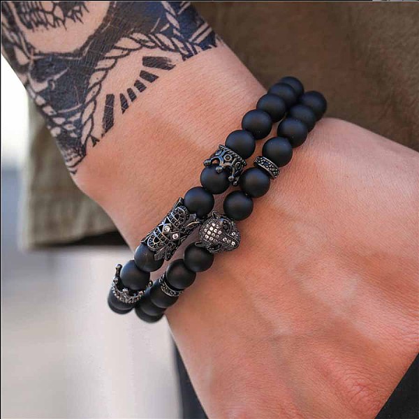 

PandaHall Fashion Retro Black Matte Bracelet Set with Zircon Crown, Diamond Ball, Dice, Lion Head Bracelet Natural Gemstone Round Black