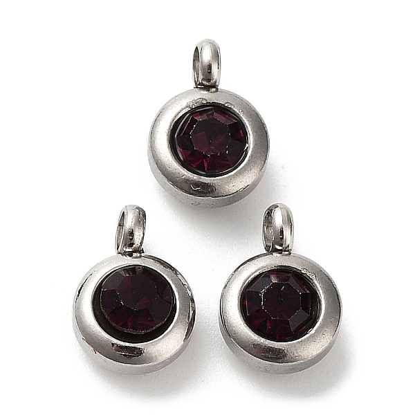 

PandaHall Trendy Original Color 304 Stainless Steel Grade A Rhinestone Flat Round Charm Pendants, Faceted, Stainless Steel Color, Stainless..., Purple