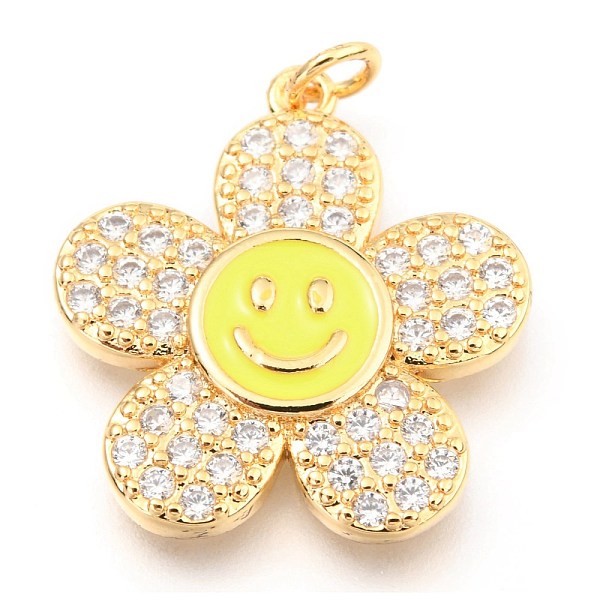 

PandaHall Brass Micro Pave Clear Cubic Zirconia Pendants, with Enamel and Jump Rings, Long-Lasting Plated, Flower with Smiling Face, Real..., Yellow