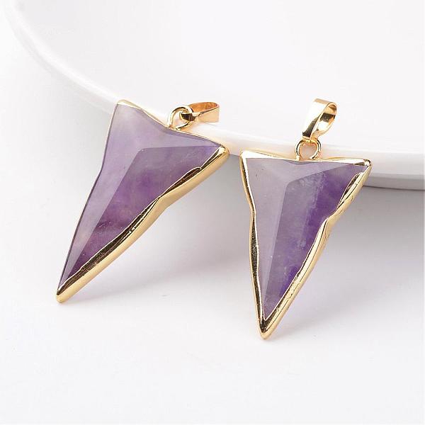 

PandaHall Natural Amethyst Pendants, Triangle, with Brass Findings, Golden, 30~40x20~31x6~10mm, Hole: 5x7mm Amethyst Triangle