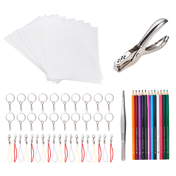PandaHall DIY Keychain Making, with Heat Shrink Sheets Film, 12 Color Crayon, Iron Single Hole Paper Punchs, Iron Split Key Rings, Silk...