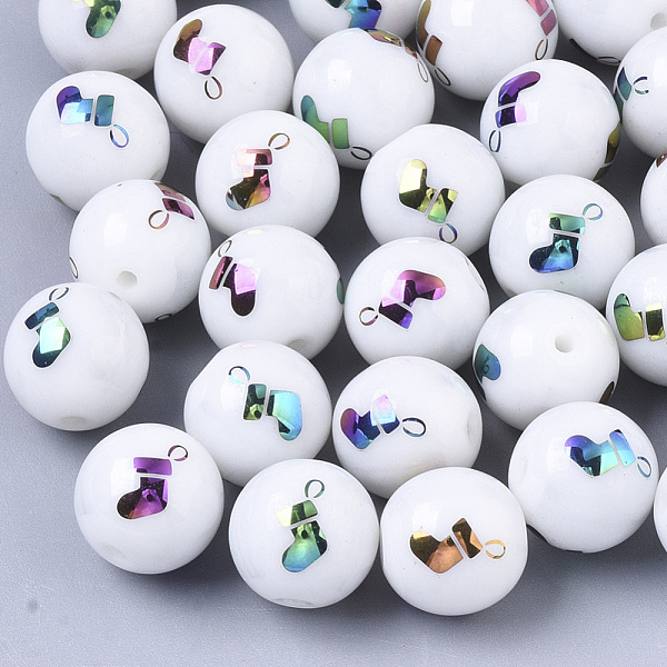 

PandaHall Christmas Opaque Glass Beads, Round with Electroplate Christmas Sock Pattern, Multi-color Plated, 10mm, Hole: 1.2mm Glass Round..., White