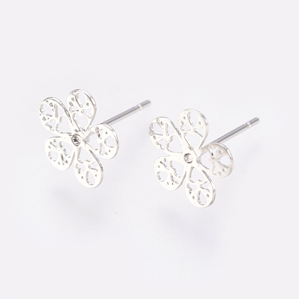 

PandaHall Brass Stud Earring Findings, with Loop, Flower, Real Platinum Plated, 10x10x0.8mm, Hole: 1mm, Pin: 0.7mm Brass Flower