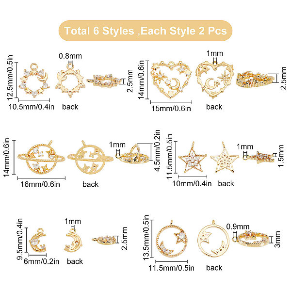 

PandaHall SUNNYCLUE 1 Box 6 Styles 12Pcs 18K Gold Plated Heart Rhinestone Charms Moon Star Brass Cubic Zirconia Pendants Planet Dangles for..., Clear