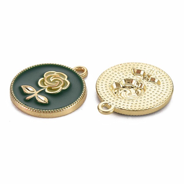 

PandaHall Rack Plating Alloy Pendants, with Enamel, Cadmium Free & Lead Free, Flat Round with Rose, Light Gold, Dark Green, 20.5x18x2mm...