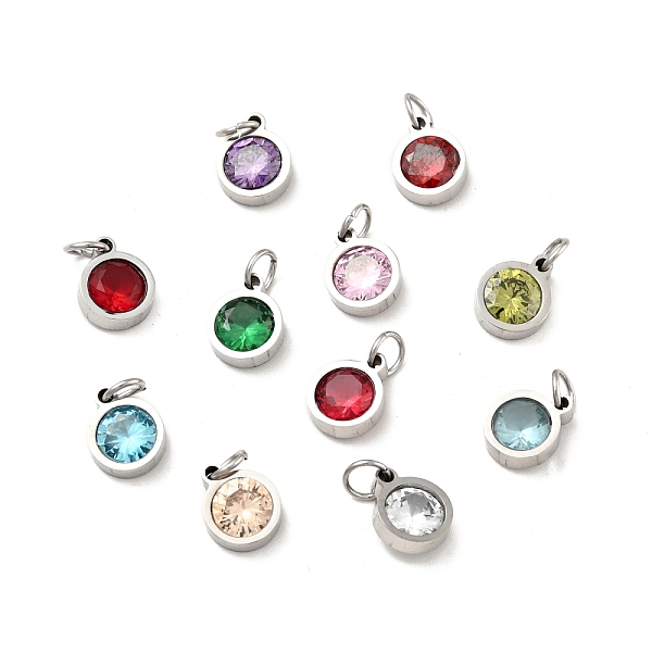 

PandaHall 304 Stainless Steel Pendants, with Cubic Zirconia and Jump Rings, Single Stone Charms, Flat Round, Stainless Steel Color, Mixed..., Multicolor