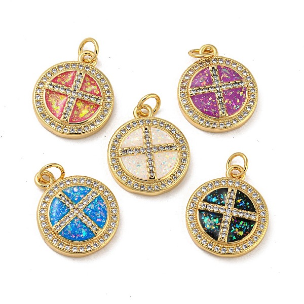 

PandaHall Brass Micro Pave Cubic Zirconia, with Synthetic Opal Pendants, with Jump Rings, Real 18K Gold Plated, Flat Round with Cross, Mixed..., Multicolor
