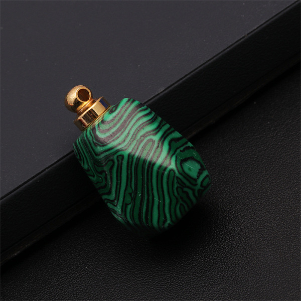 

PandaHall Synthetic Malachite Openable Perfume Bottle Pendants, Faceted Polygon Perfume Bottle Charms with Golden Plated Metal Cap, 30x23mm...