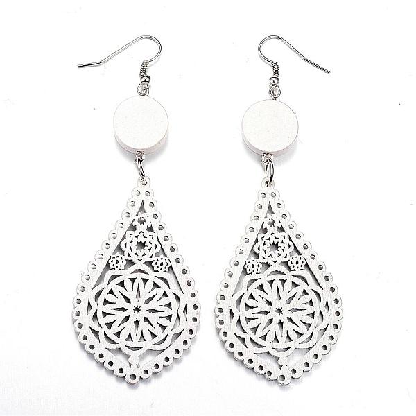 

PandaHall Trendy Teardrop Wood Dangle Earrings, with Platinum Tone Alloy Earring Hooks, White, 94~96x32~34mm, pin: 0.8mm Wood White