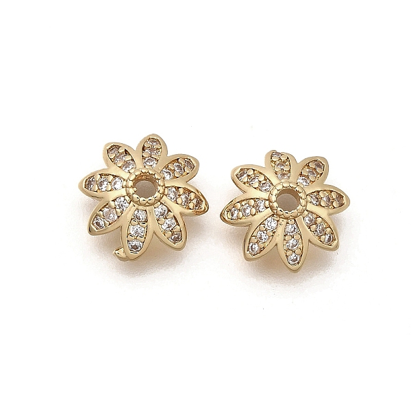 Brass Micro Pave Clear Cubic Zirconia Bead Caps, Flower, Real 18K Gold Plated, 10x4mm, Hole: 1.6mm
