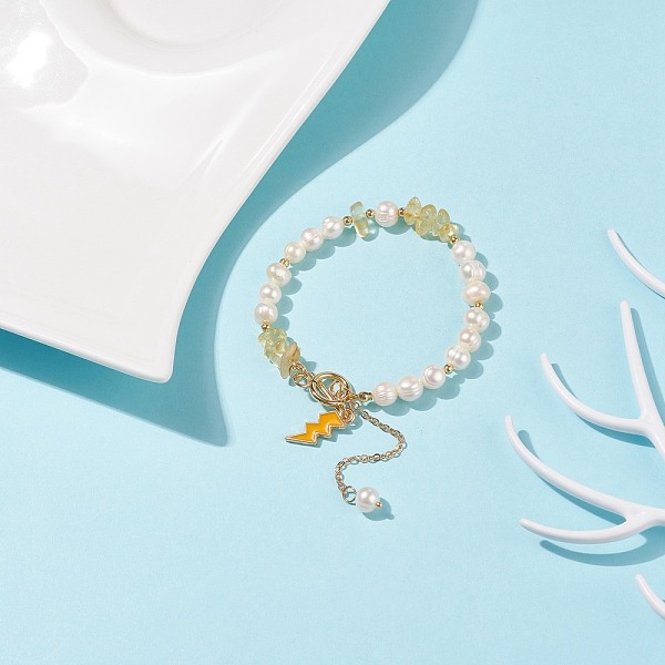 

PandaHall Natural Citrine(Dyed & Heated) Chips & Pearl Beaded Bracelet with Enamel Lighting Bolt Charms, Gemstone Jewelry for Women, Golden...