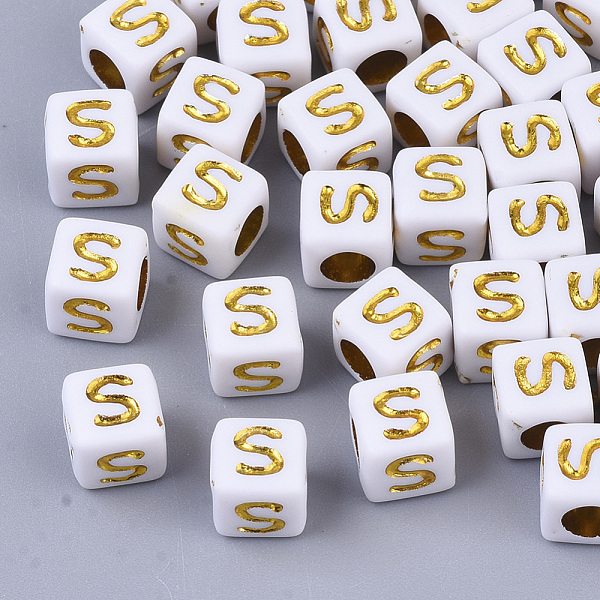 

PandaHall Plating Acrylic Beads, Horizontal Hole, Golden Metal Enlaced, Alphabet Style, Cube, Letter.S, 5.5~6x5.5~6x5.5~6mm, Hole: 3.5mm..., Gold
