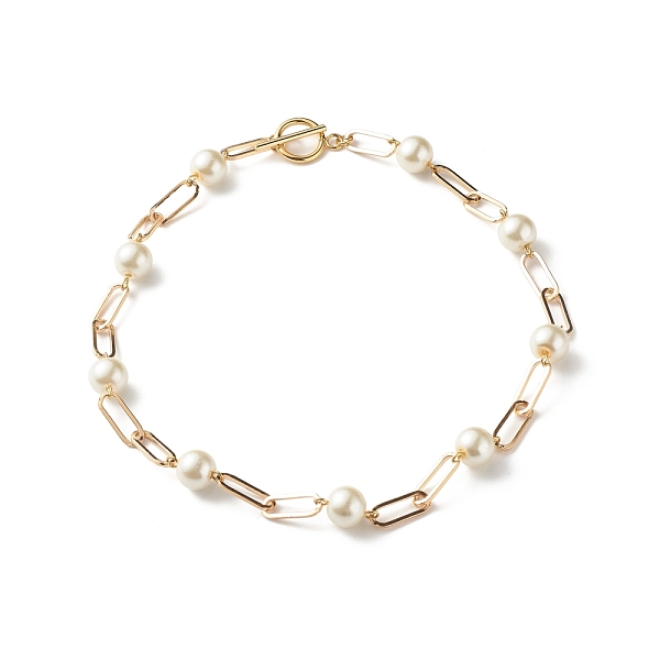

PandaHall Glass Pearl Beaded Necklaces, with Iron Paperclip Chains, Golden, White, 16.30 inch(41.4cm) Glass White