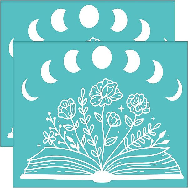 

PandaHall OLYCRAFT 2pcs Self-Adhesive Silk Screen Printing Stencils Flower Book Moon Pattern Stencils Washable Reusable Sign Stencils for..., Green