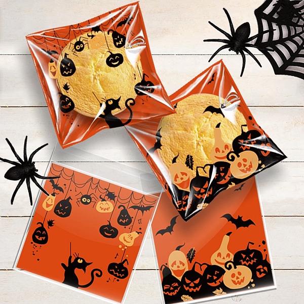 PandaHall Halloween Theme Plastic Bakeware Bag, with Self-adhesive, for Chocolate, Candy, Cookies, Square with Pumpkin & Bat & Cat, Orange...