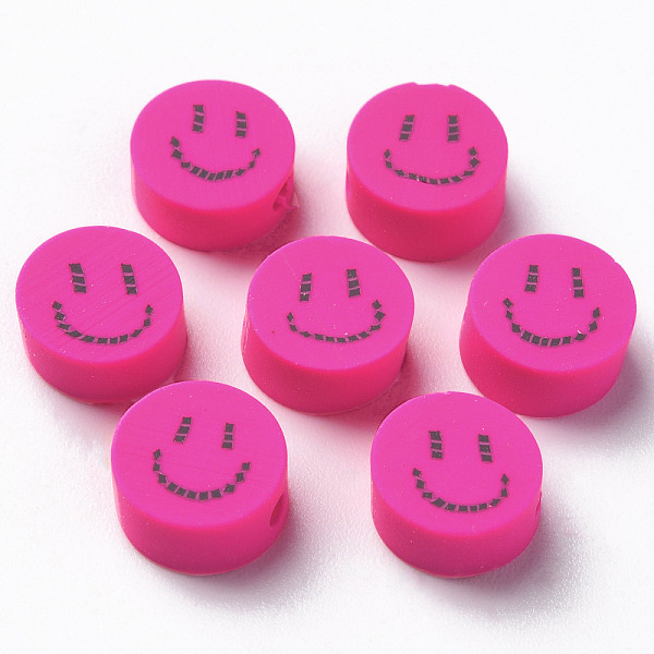 PandaHall Handmade Polymer Clay Beads, for DIY Jewelry Crafts Supplies, Flat Round with Smiling Face, Fuchsia, 9x4~5mm, Hole: 1.6mm Polymer...