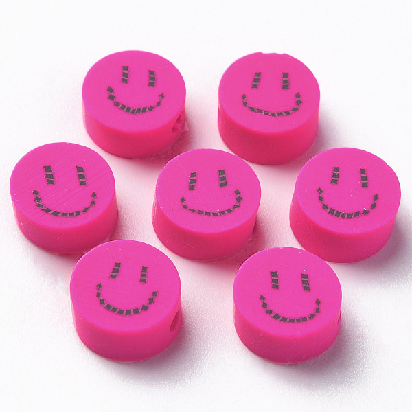 

PandaHall Handmade Polymer Clay Beads, for DIY Jewelry Crafts Supplies, Flat Round with Smiling Face, Fuchsia, 9x4~5mm, Hole: 1.6mm Polymer..., Pink