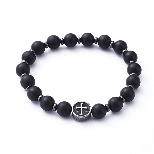 

PandaHall Natural Black Agate(Dyed) Beads Stretch Bracelets, with Non-Magnetic Synthetic Hematite Beads and Flat Round with Cross 304...
