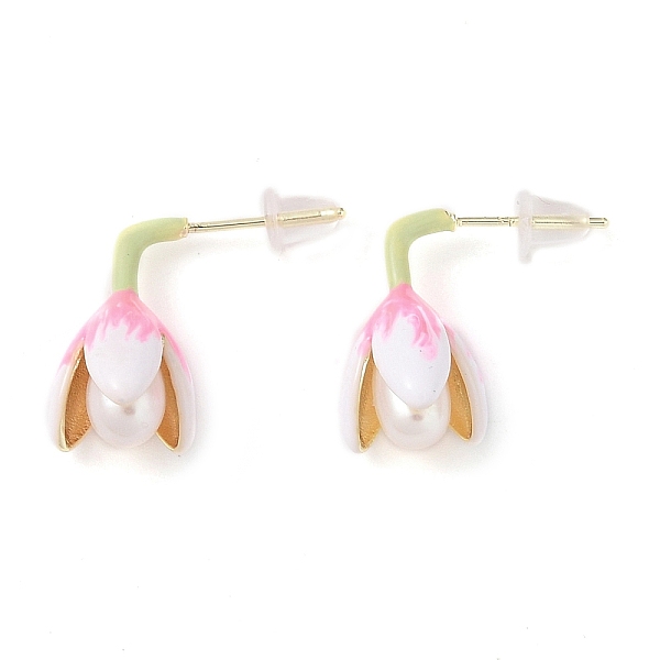 

PandaHall Flower Natural Pearl Stud Earrings, Brass Enamel Jewelry for Women, Real 14K Gold Plated, 19.5x10mm Pearl Flower