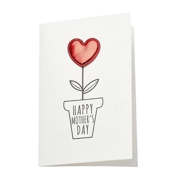 

PandaHall Kraft Paper Greeting Cards, Tent Card, Mother's Day Theme, Rectangle with PU Leather Heart, Flower, 150x100x2mm Paper Flower White