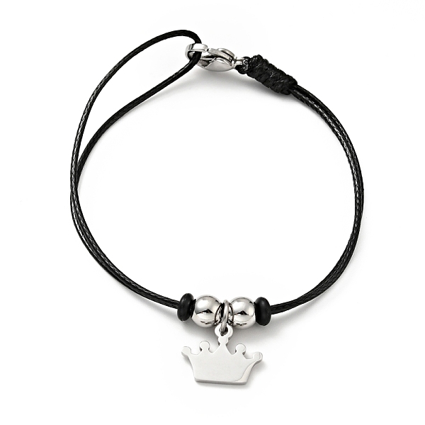 

PandaHall 304 Stainless Steel Crown Charm Bracelet with Waxed Cord for Women, Stainless Steel Color, 7 inch(17.8cm) Waxed Cord Black