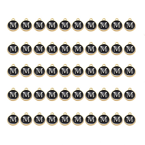 

PandaHall Golden Plated Alloy Charms, with Enamel, Enamelled Sequins, Flat Round, Black, Letter.M, 14x12x2mm, Hole: 1.5mm, 50pcs/Box...