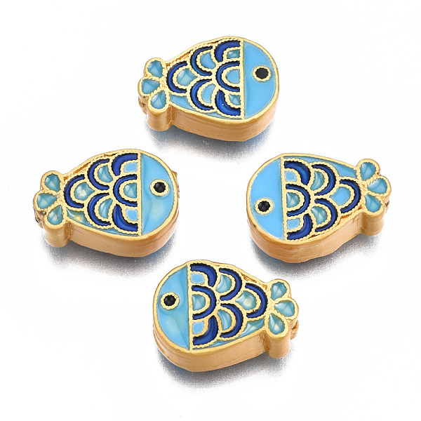 

PandaHall Rack Plating Alloy Enamel Beads, Cadmium Free & Lead Free, Matte Gold Color, Fish, Light Sky Blue, 14x10x5mm, Hole: 0.7mm...