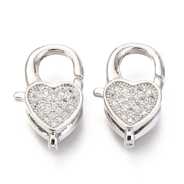 

PandaHall Brass Micro Pave Cubic Zirconia Lobster Claw Clasps, Heart, Platinum, 17x10x5mm, Hole: 1x2mm Brass+Cubic Zirconia Heart Clear
