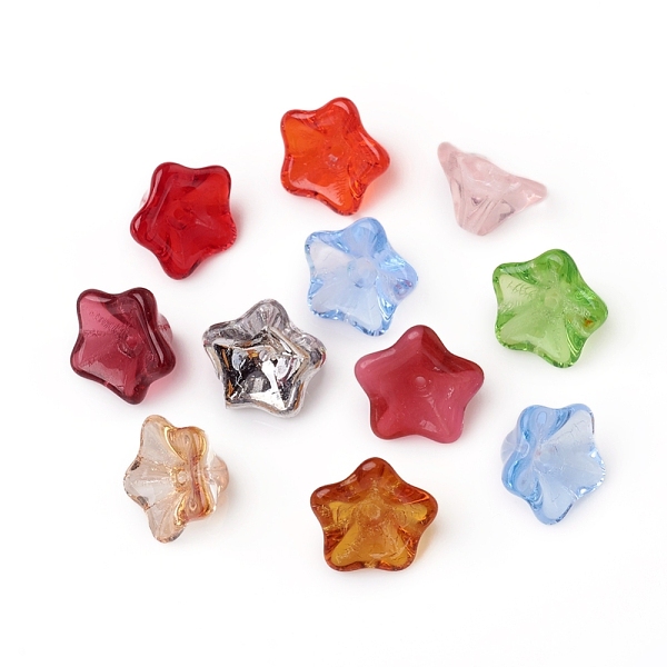 

PandaHall Czech Glass Bead Caps, Transparent & Electroplate Effect, 5-Petal, Flower, Mixed Color, 12~13x7~8mm, Hole: 1mm, about 120pcs/bag..., Multicolor