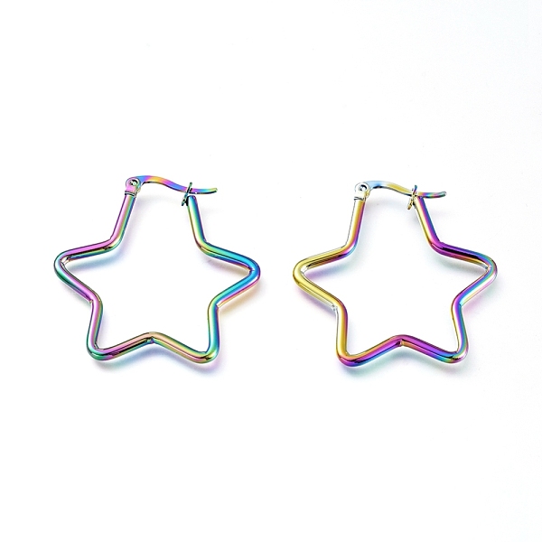 

PandaHall 201 Stainless Steel Hoop Earrings, with 304 Stainless Steel Pin, Hypoallergenic Earrings, Star, Rainbow Color, 12 Gauge, 36x33x2mm...