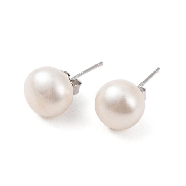 

PandaHall Natural Pearl Round Bead Stud Earrings, with Real Platinum Plated 925 Sterling Silver Findings, White, 18x9~10mm Pearl Round White