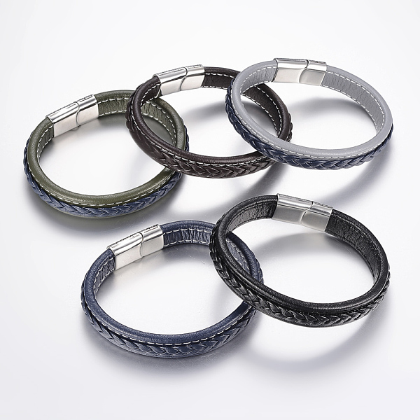 

PandaHall Braided Leather Cord Bracelets, with 304 Stainless Steel Magnetic Clasps, Greek Pattern, Mixed Color, 8-5/8 inch(220mm), 26x13x7mm..., Multicolor
