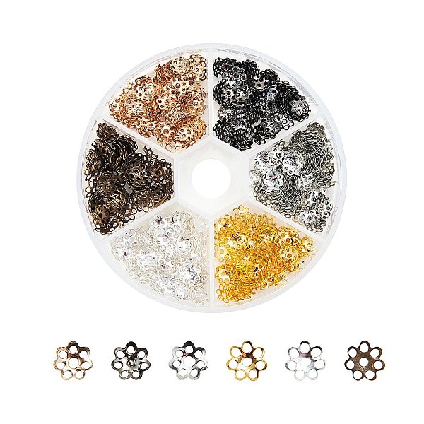 

PandaHall Iron Bead Caps, Flower, Multi-Petal, Mixed Color, 6x1mm, Hole: 1mm, 600pcs/box Iron