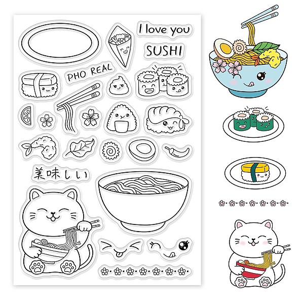 

PandaHall GLOBLELAND Oriental Style Clear Stamps Ramen Sushi Lucky Cat Silicone Clear Stamp Seals for Cards Making DIY Scrapbooking Photo...